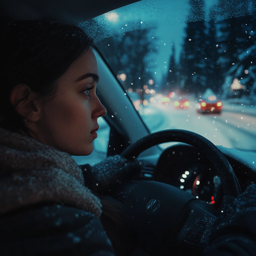 Une femme sérieuse au volant d'une voiture | Source : Midjourney