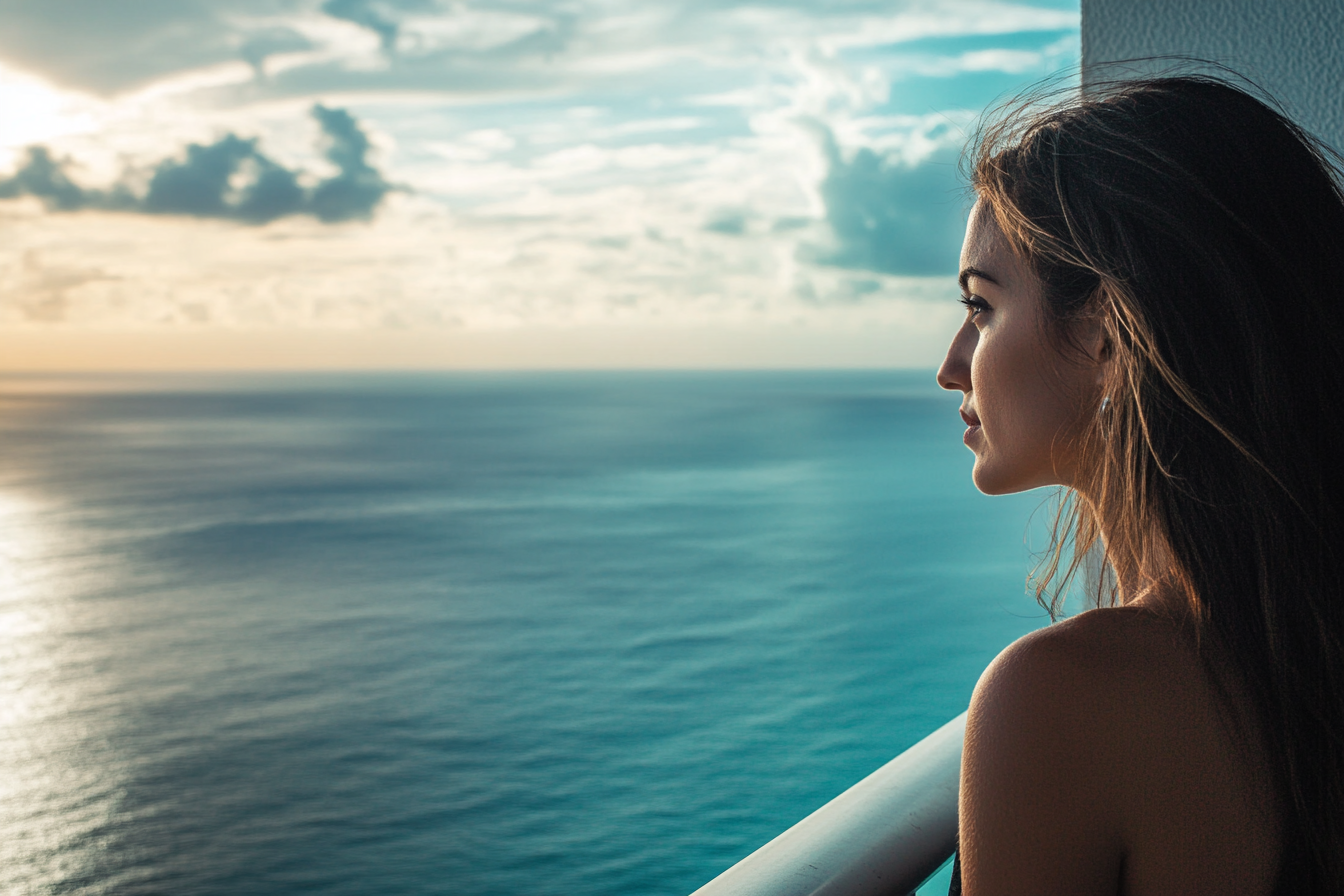 Une femme sur un balcon qui regarde l'océan | Source : Midjourney