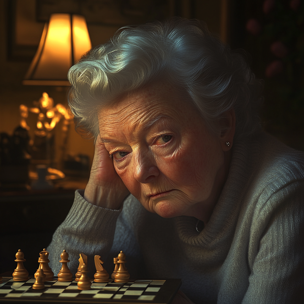 Une dame âgée en détresse qui joue aux échecs | Source : Midjourney