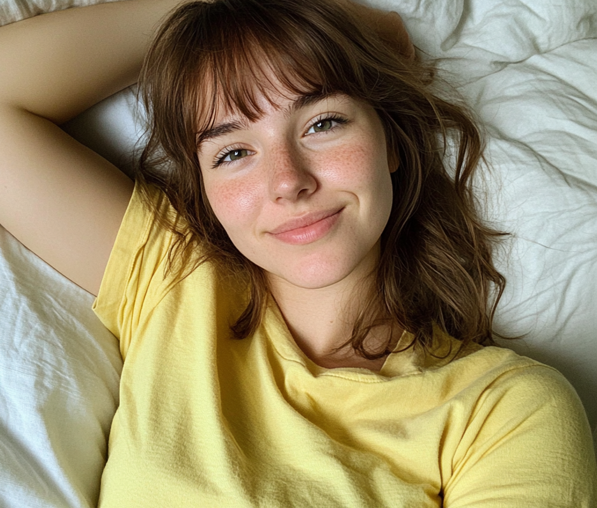 Une femme souriante allongée sur un lit | Source : Midjourney