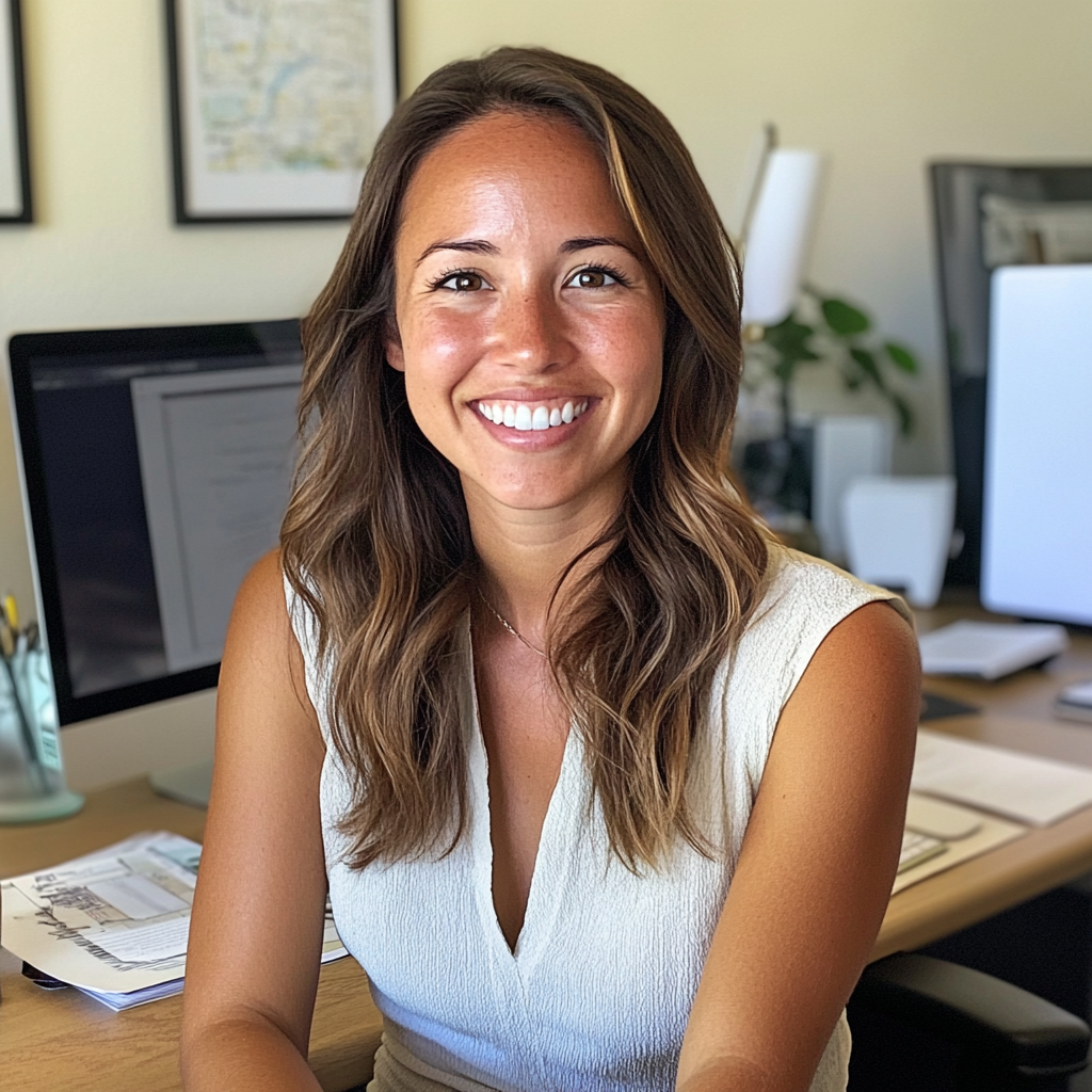 Une femme souriante assise à son bureau | Source : Midjourney