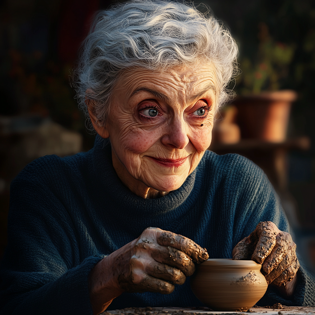 Une femme âgée ravie de faire de la poterie | Source : Midjourney