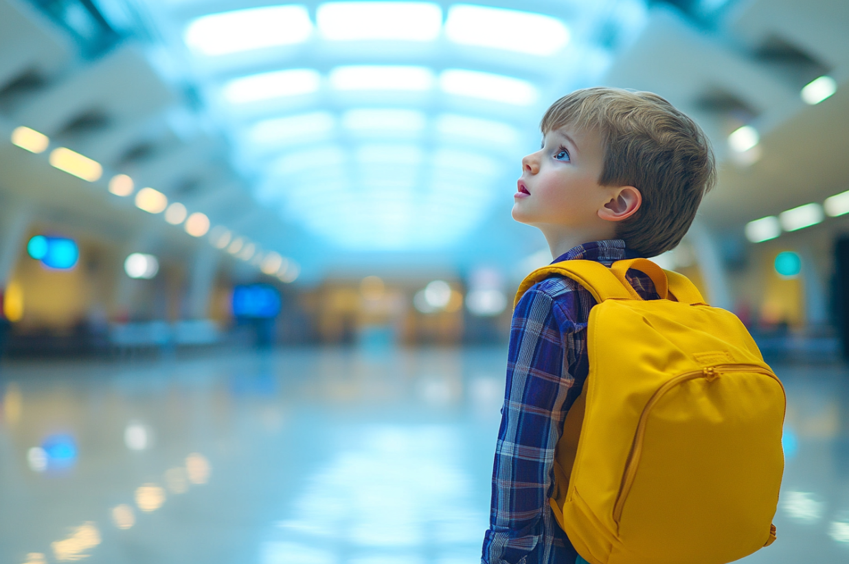 Un garçon triste dans un aéroport | Source : Midjourney