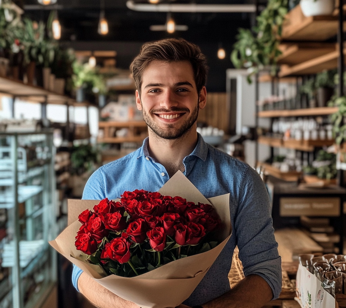 Un homme tenant un bouquet de roses | Source : Midjourney