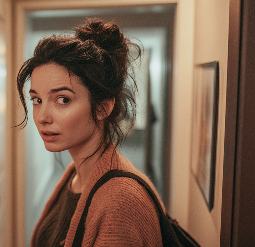 A slightly concerned woman standing in a building corridor | Source: Midjourney