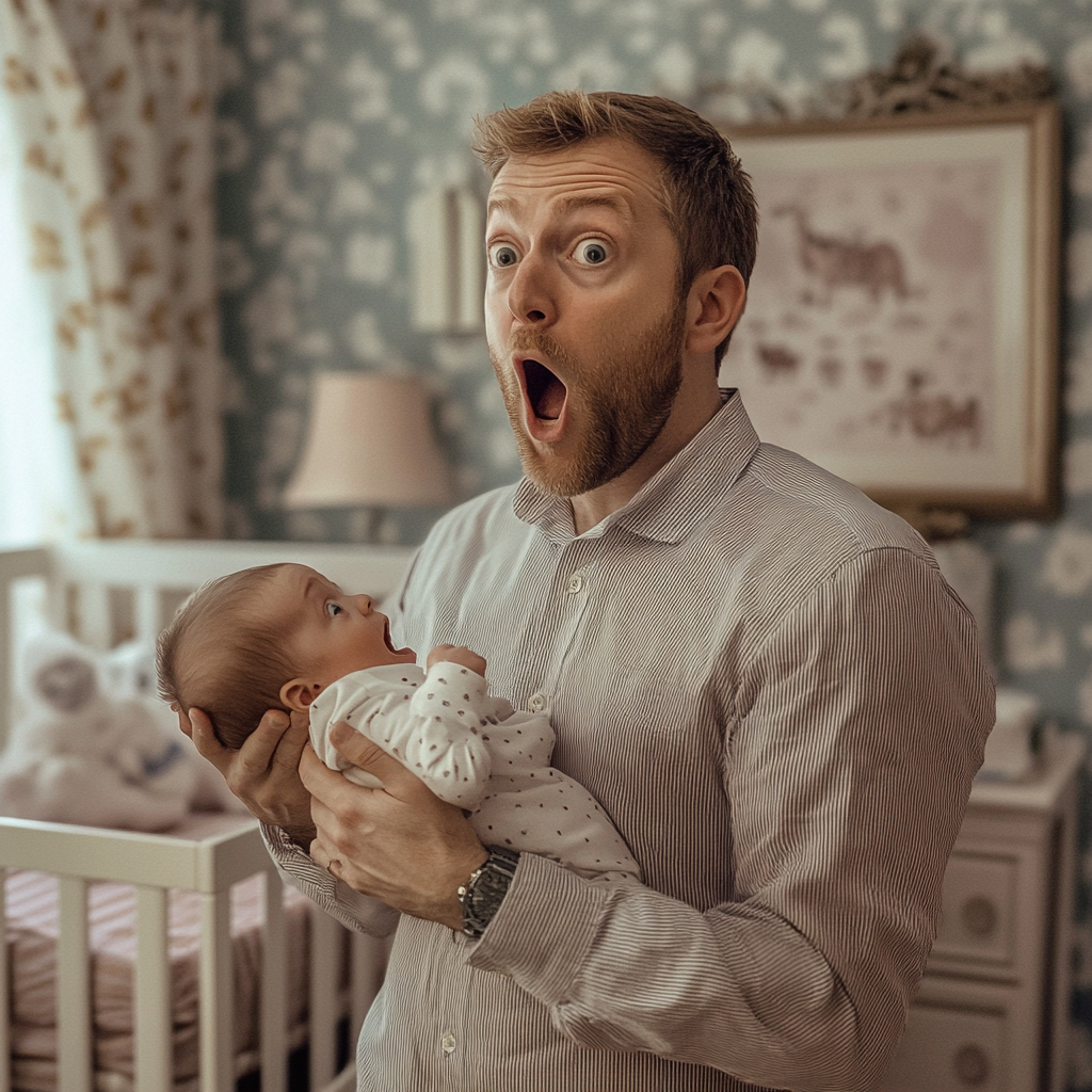 Un homme choqué portant un bébé | Source : Midjourney