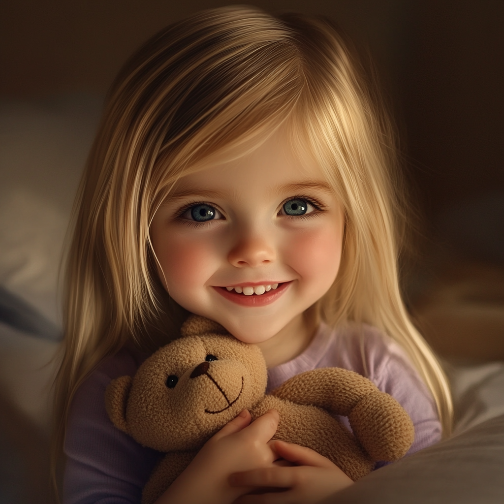 Une petite fille joyeuse tenant un ours en peluche | Source : Midjourney