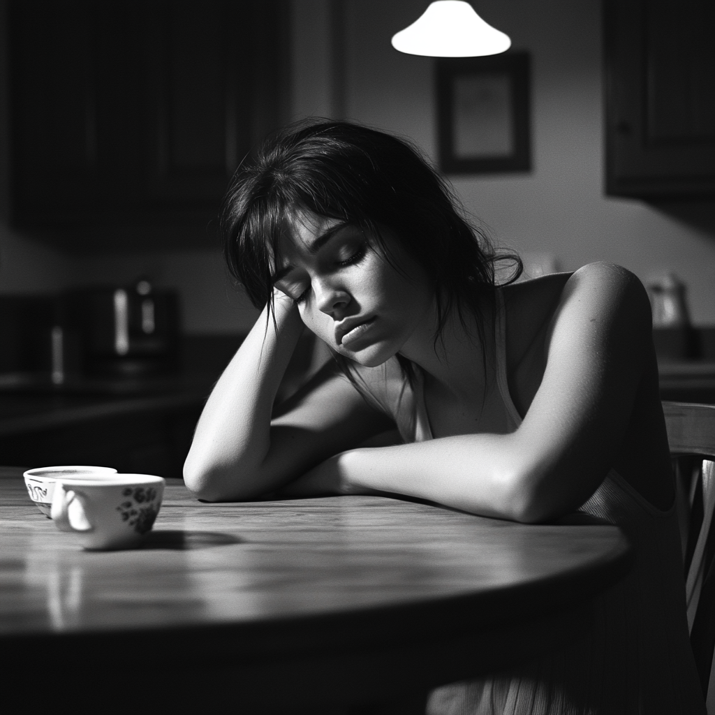 Une femme fatiguée assise à la table de la cuisine | Source : Midjourney