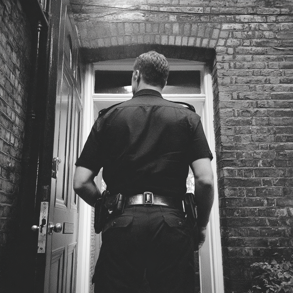 Un agent de police se tenant devant une porte d'entrée | Source : Midjourney