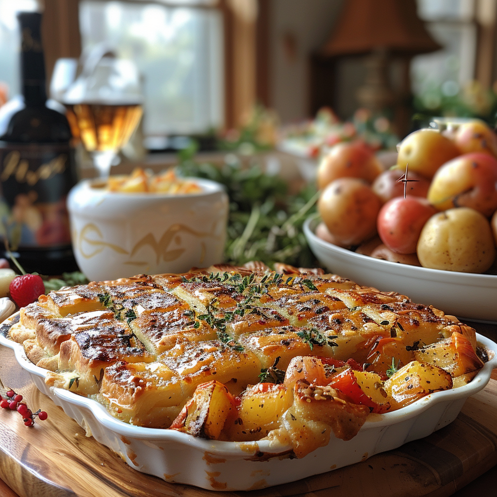 Tarte et légumes rôtis sur la table du dîner | Source : Midjourney
