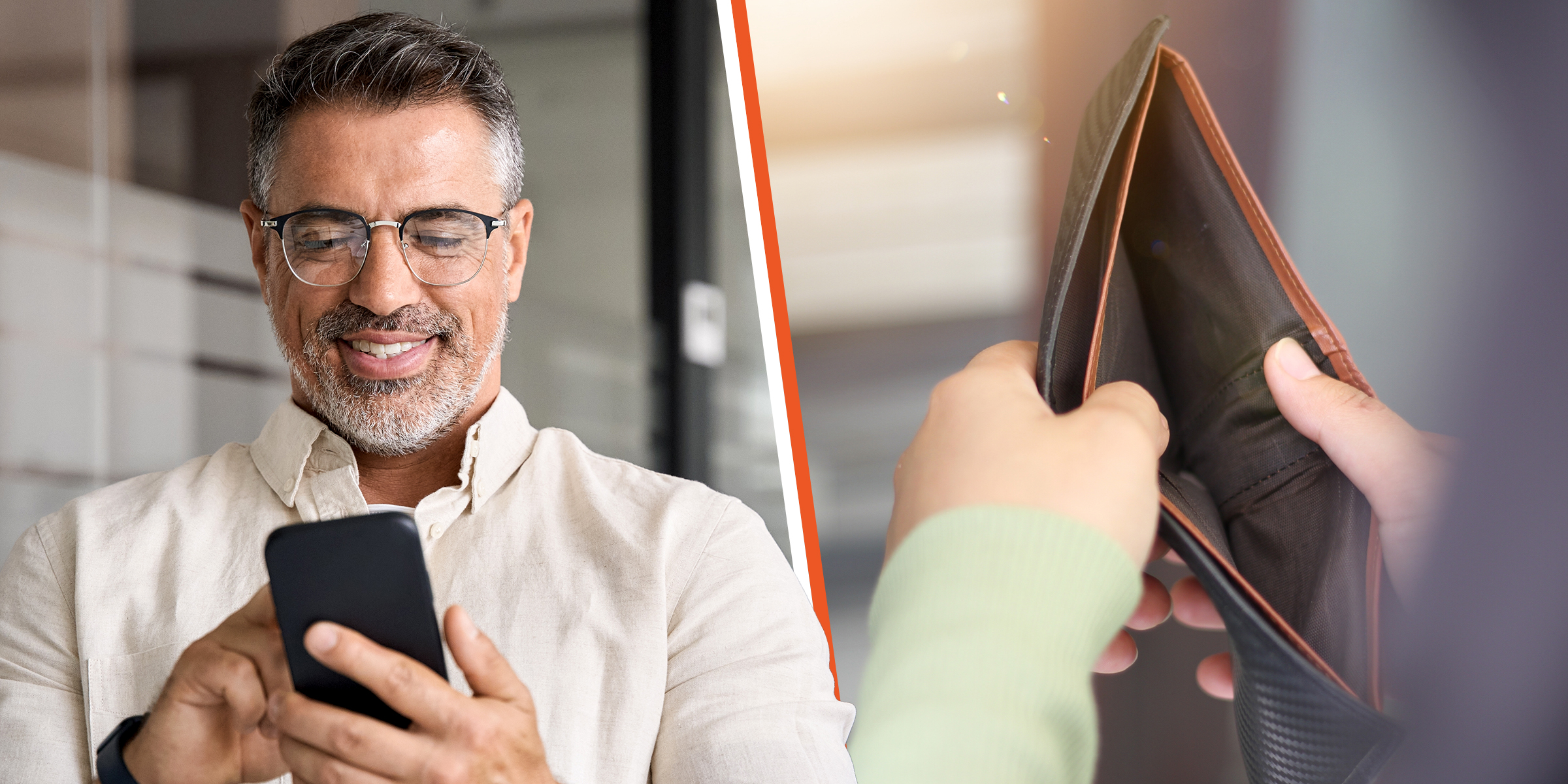 Un homme qui regarde son téléphone et un portefeuille vide | Source : Shutterstock