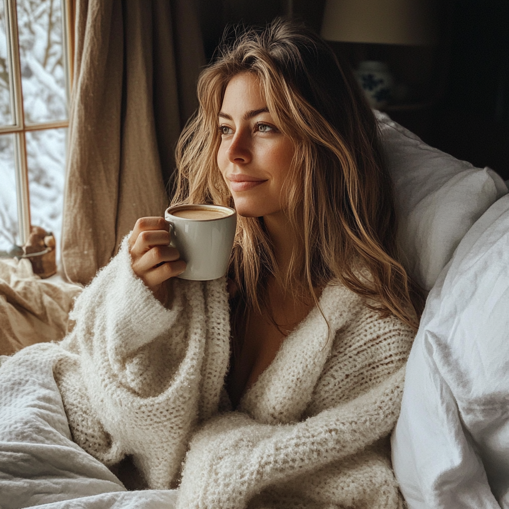 Une femme assise dans son lit avec une tasse de café | Source : Midjourney