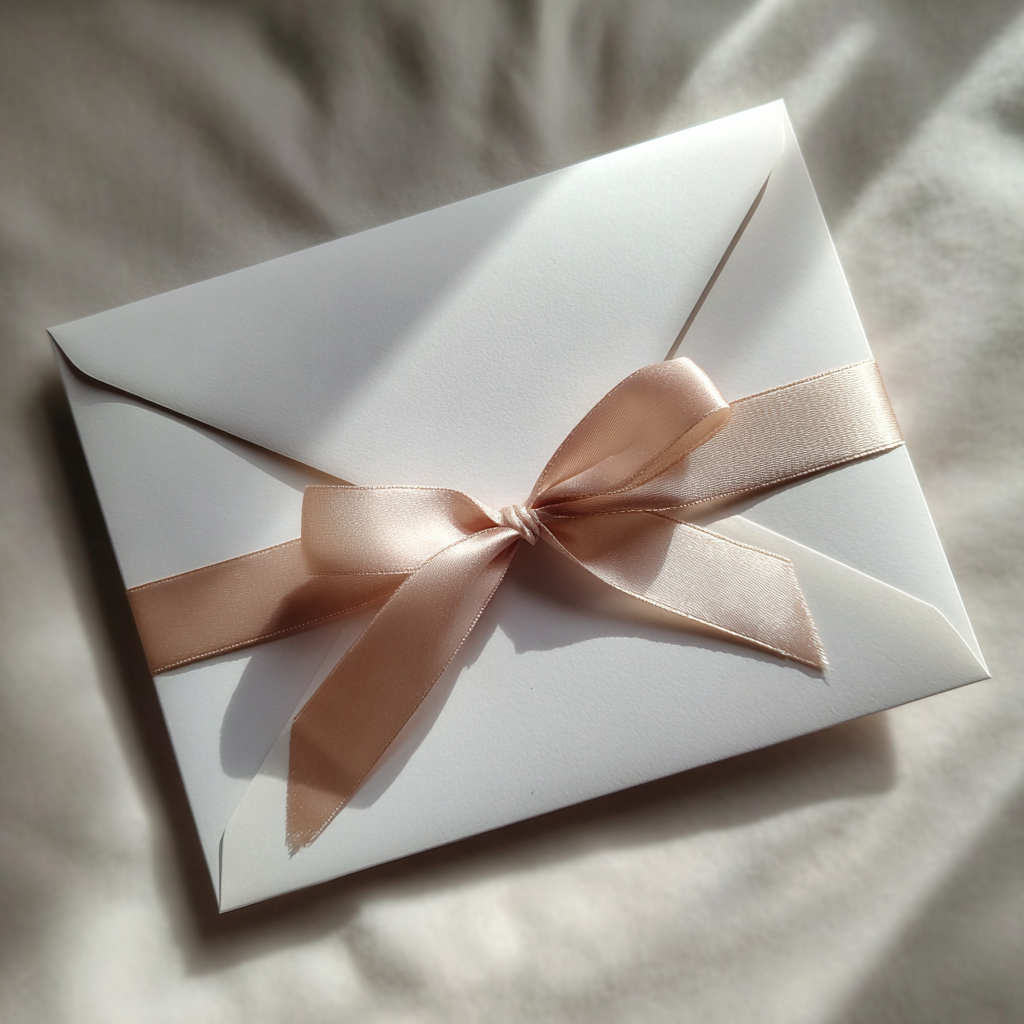 Une enveloppe blanche avec un ruban de satin pâle | Source : Midjourney