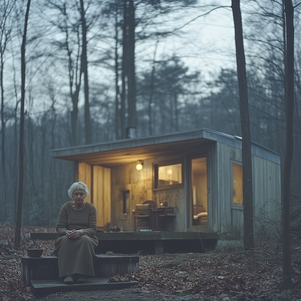 Une femme triste assise sous un porche | Source : Midjourney