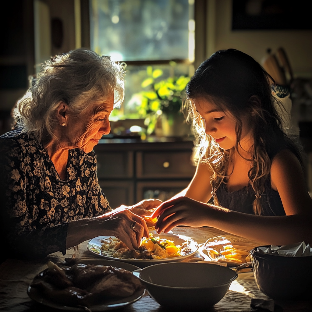 Femme âgée dînant avec son petit-enfant | Source : Midjourney