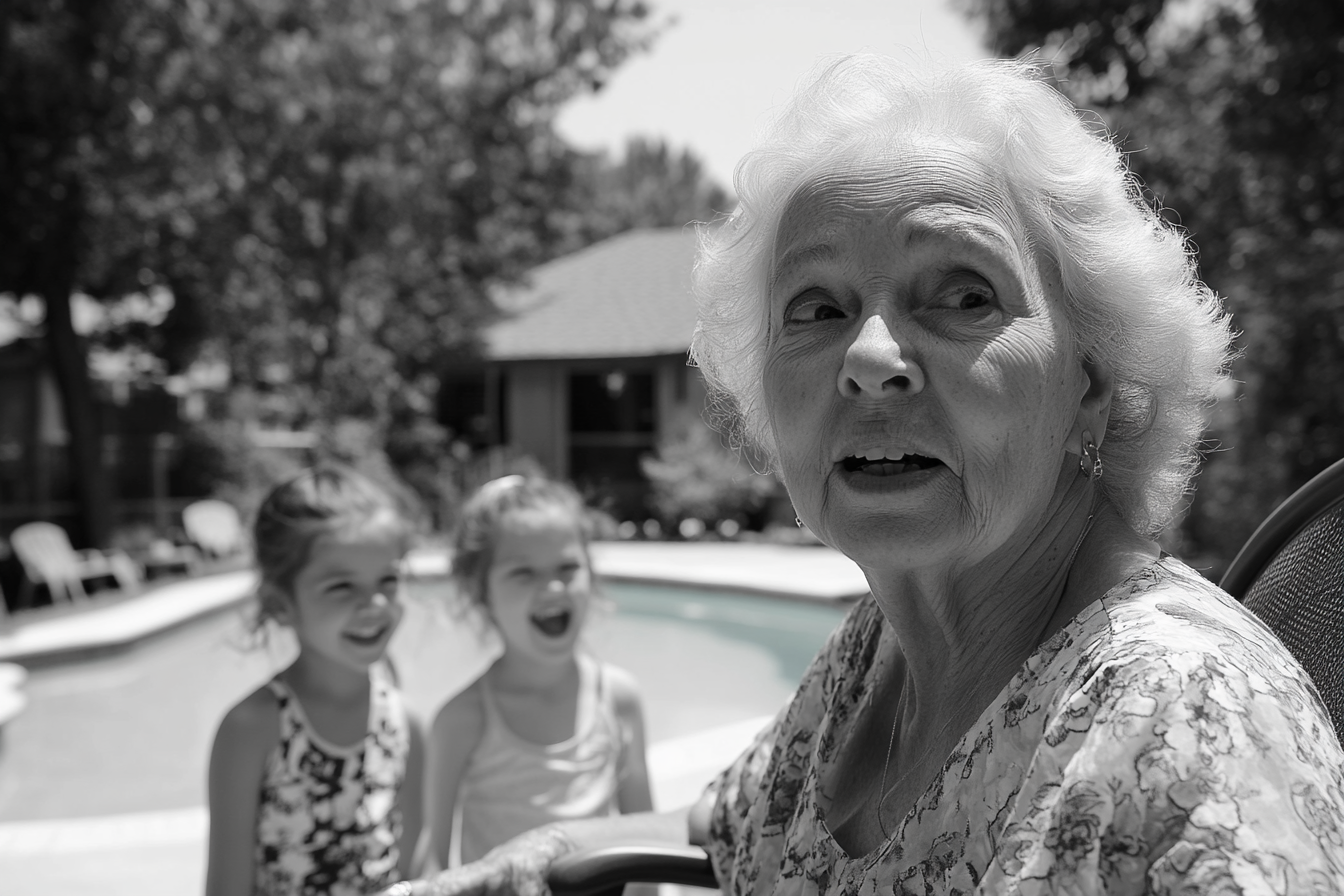 Children by the pool, mocking an elderly woman | Source: Midjourney