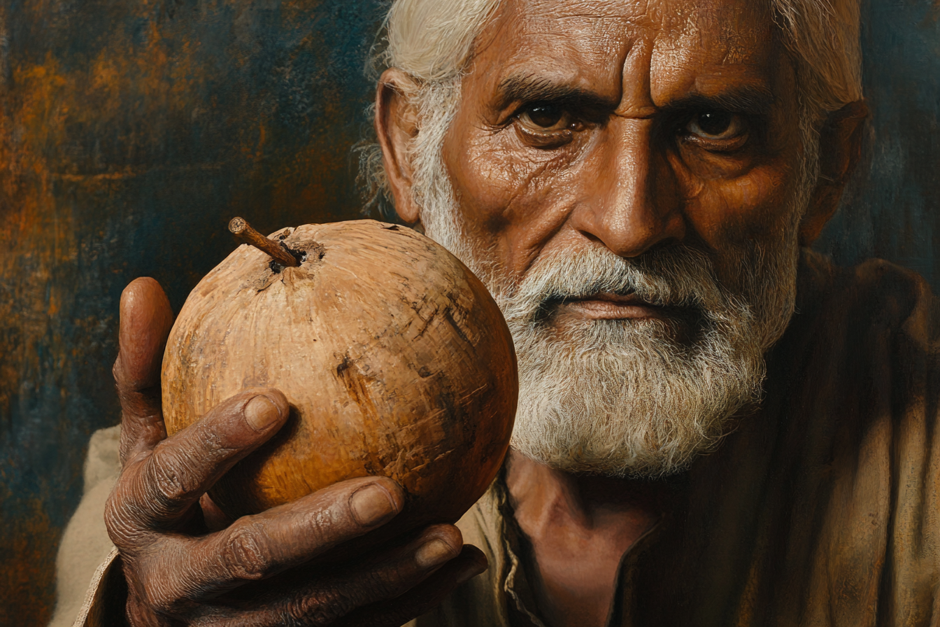 Un homme âgé tenant une pomme en bois | Source : Midjourney