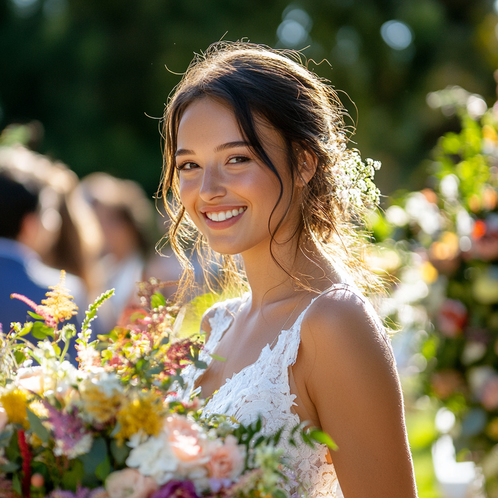 Une mariée souriante marchant vers l'allée | Source : Midjourney