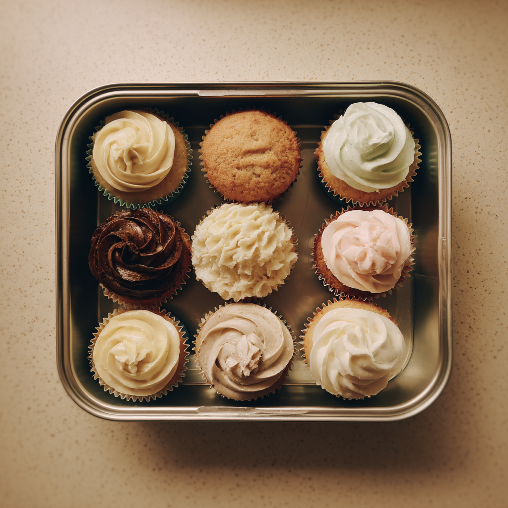 Une boîte de cupcakes sur un comptoir de cuisine | Source : Midjourney