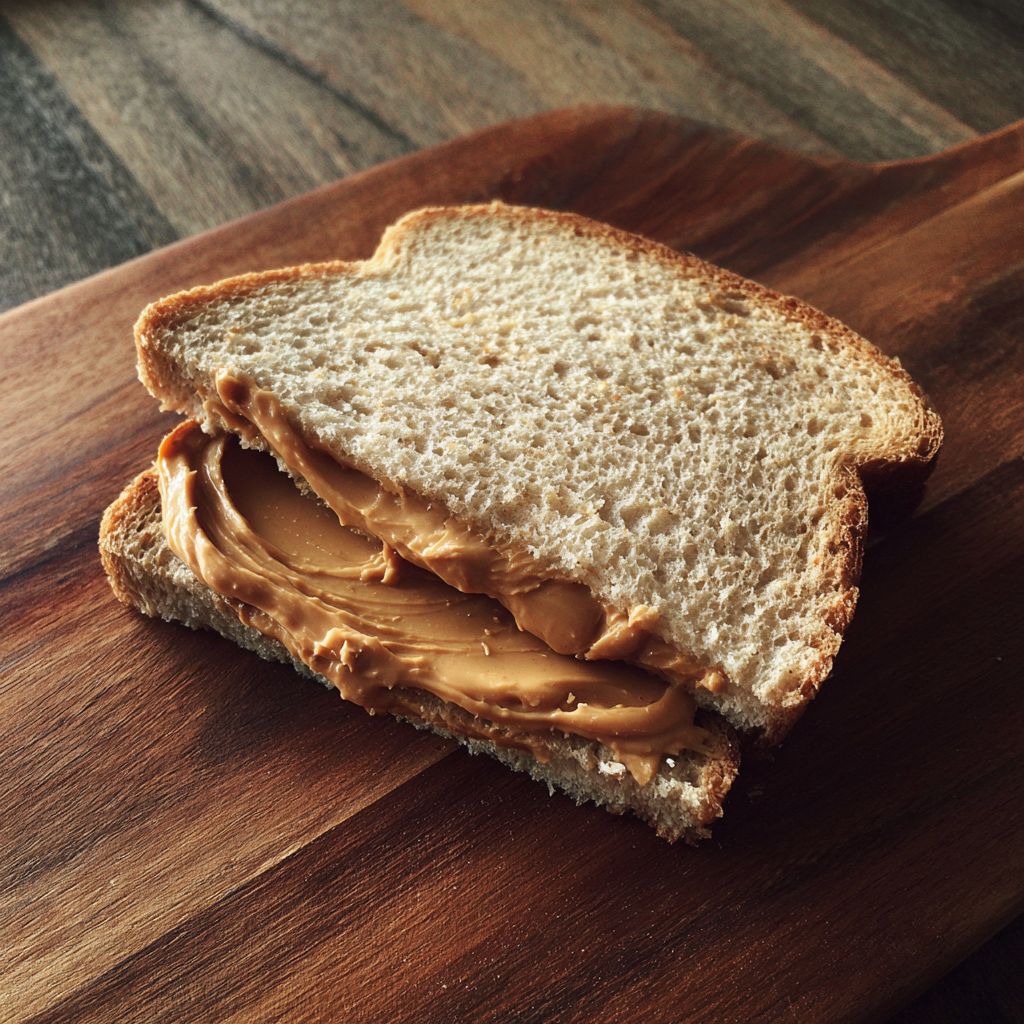 Un sandwich au beurre de cacahuètes sur une planche en bois | Source : Midjourney