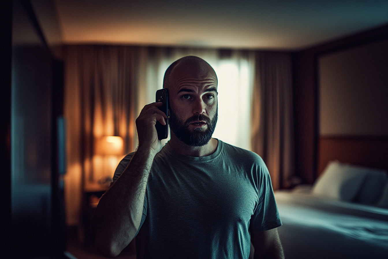 Un homme au téléphone dans une chambre d'hôtel | Source : Midjourney