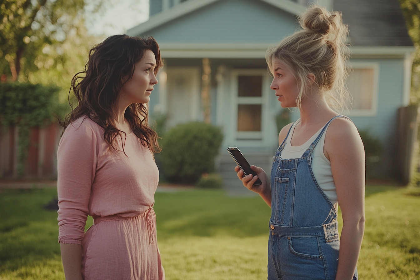 Two women are talking on the lawn of a house, one is holding a phone, both look worried | Source: Midjourney