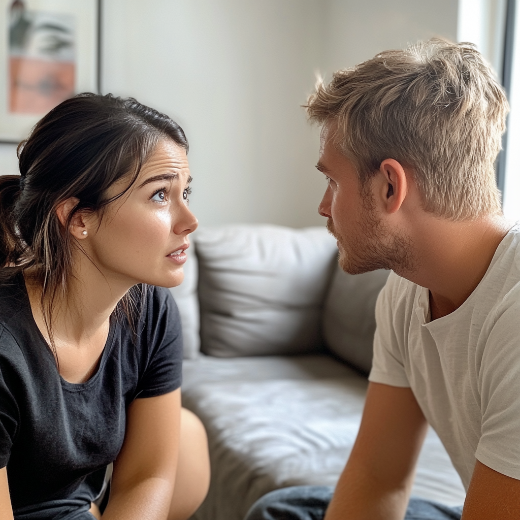 Une femme bouleversée qui parle à son mari | Source : Midjourney