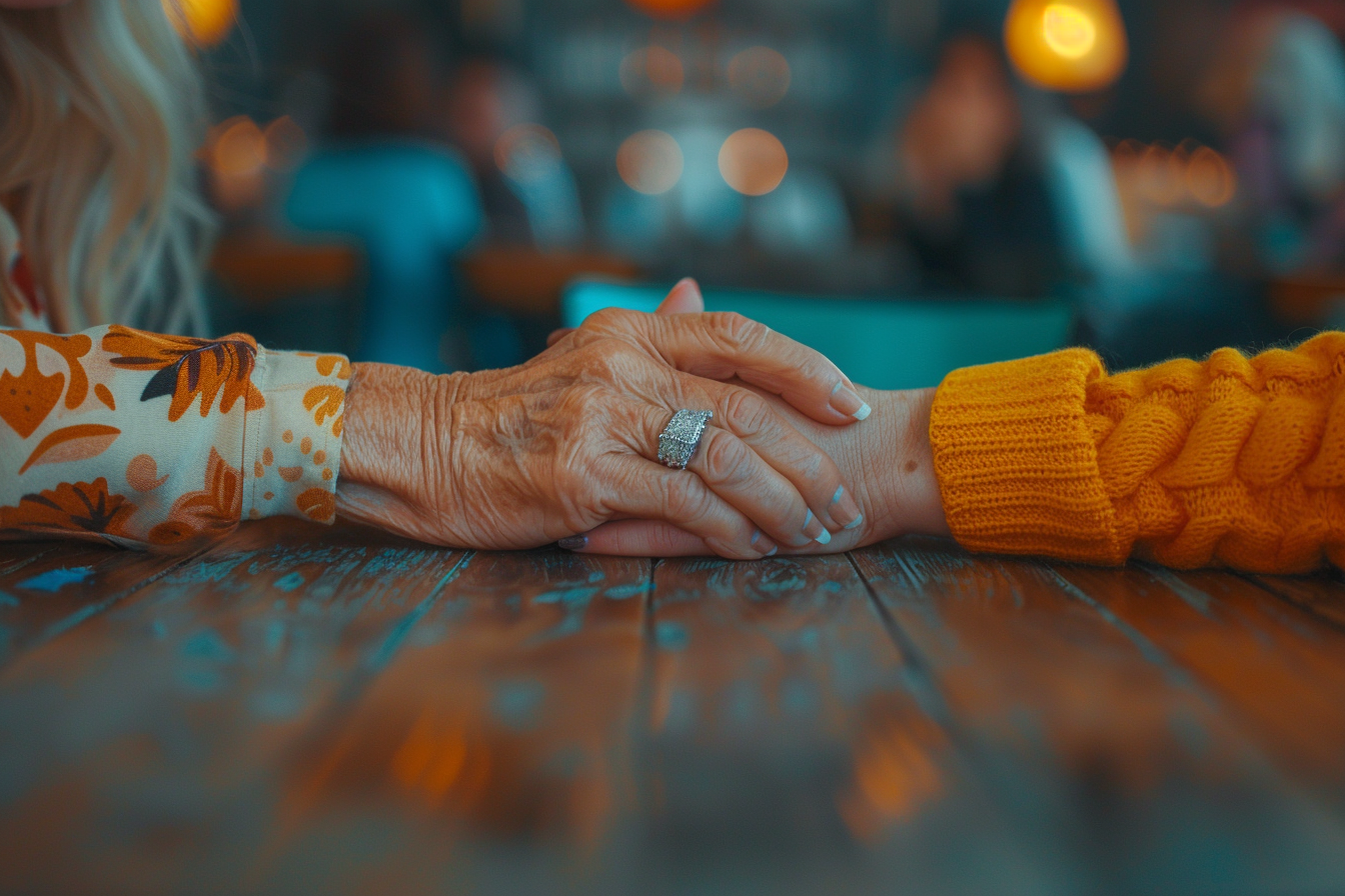 An elderly woman gently shakes a young woman's hand | Source: Midjourney