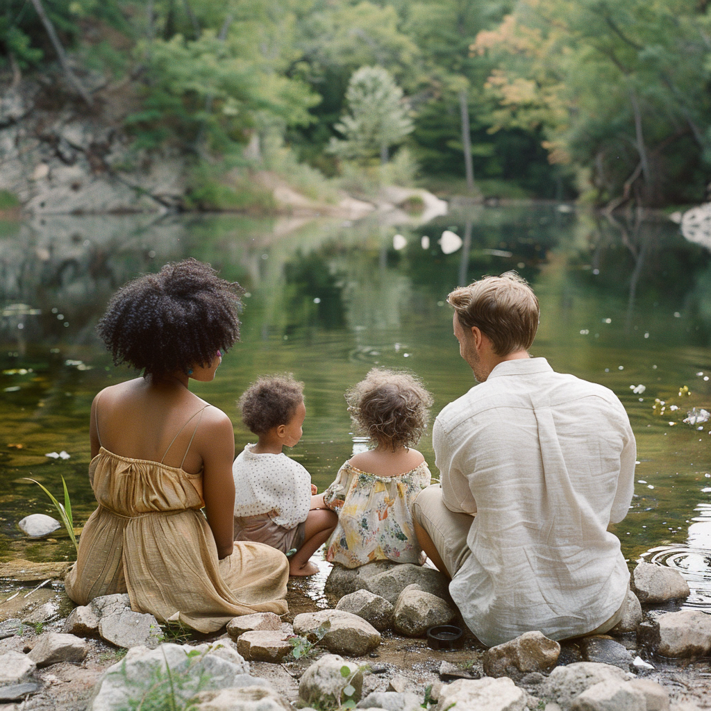 Une famille heureuse assise au bord d'un lac | Source : Midjourney