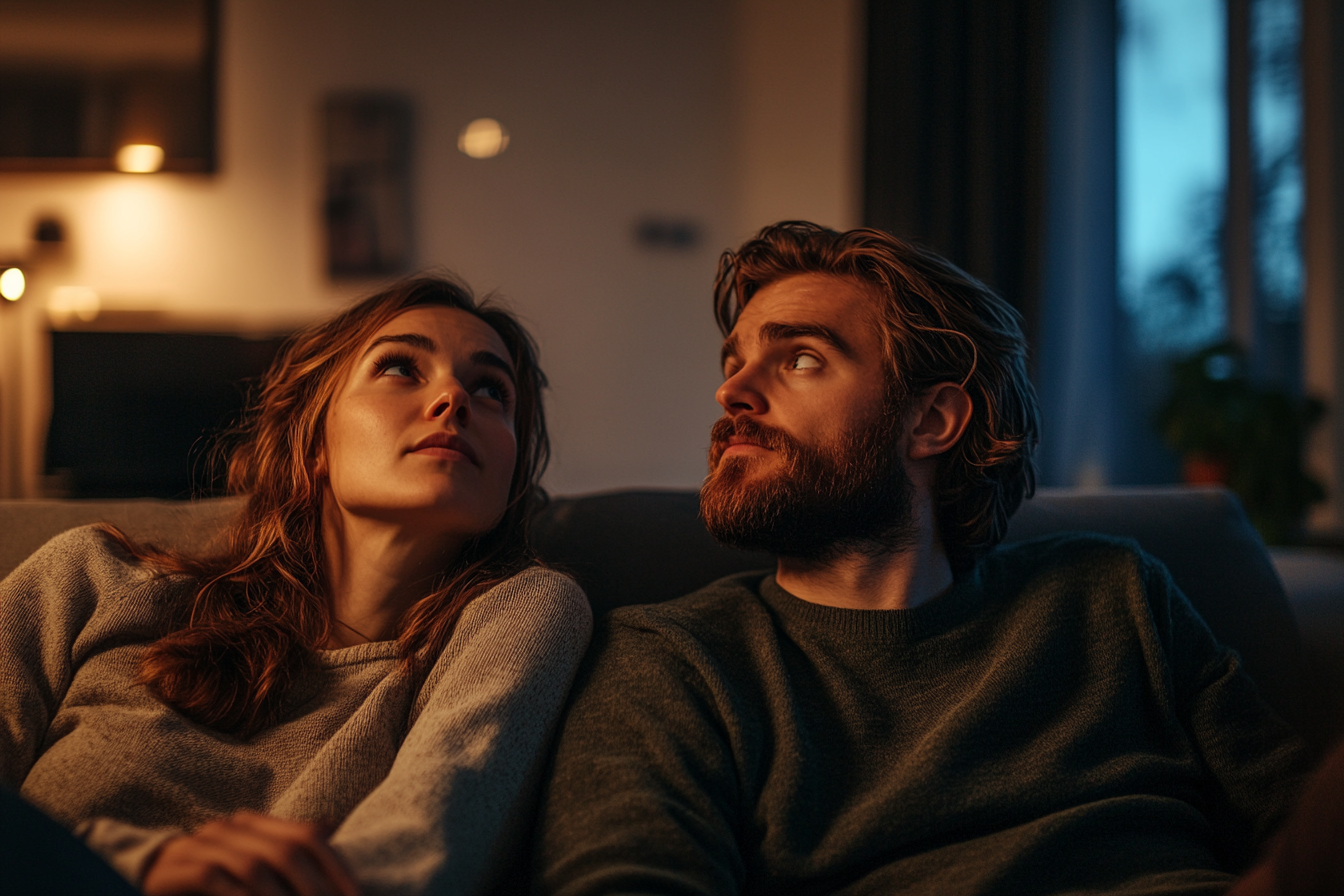 A couple in a living room looking up | Source: Midjourney