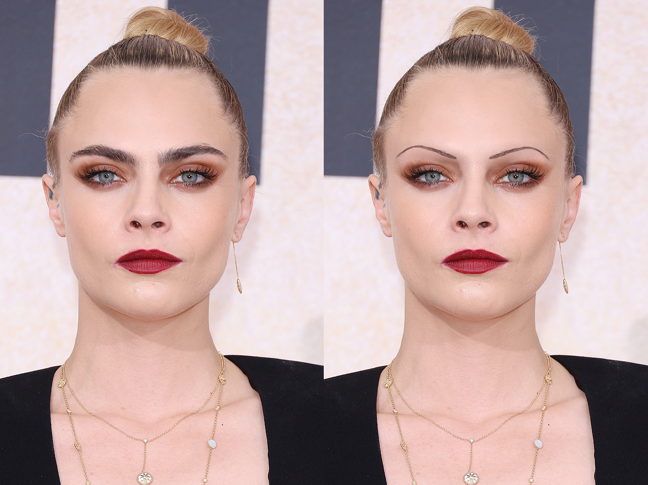 Les sourcils caractéristiques de Cara Delevingne de 2022 contre un look de sourcils fins édité numériquement | Source : Getty Images