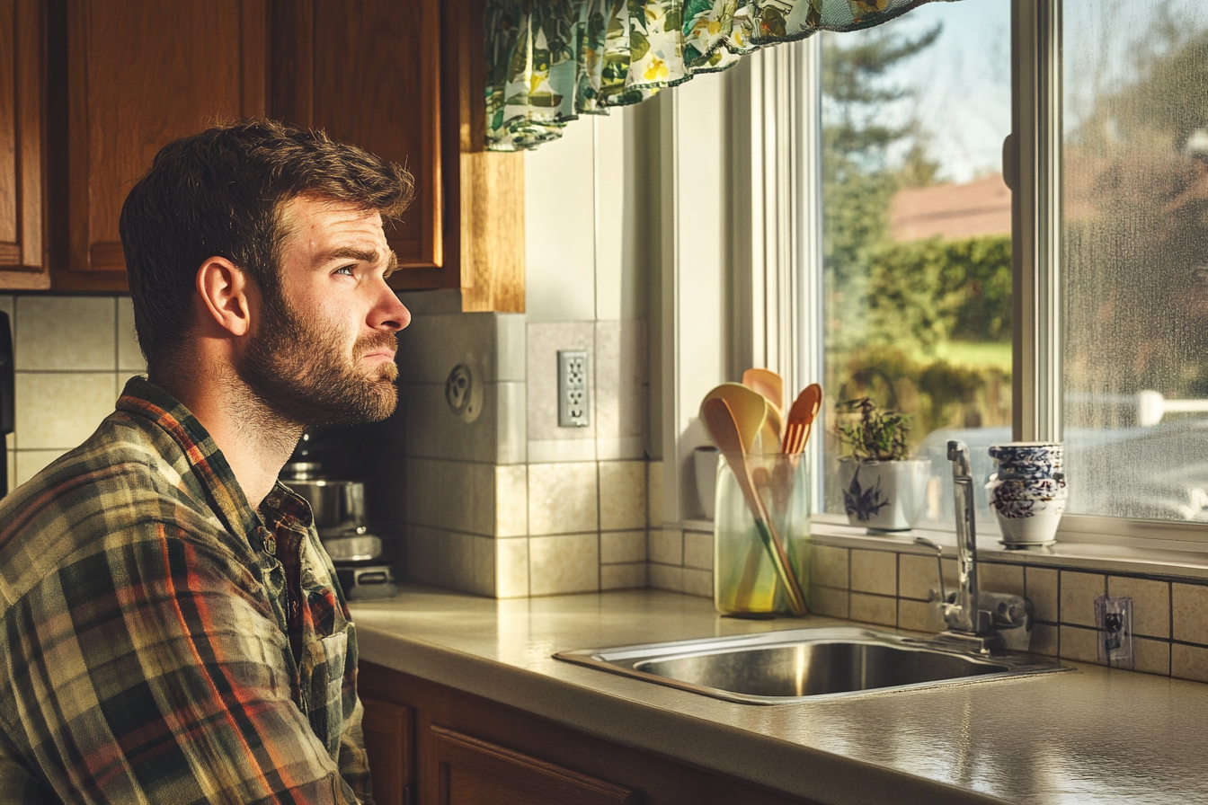 Un homme qui regarde par la fenêtre de sa cuisine | Source : Midjourney