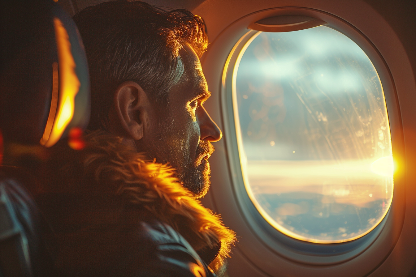 Vue latérale d'un homme assis dans un avion | Source : Midjourney