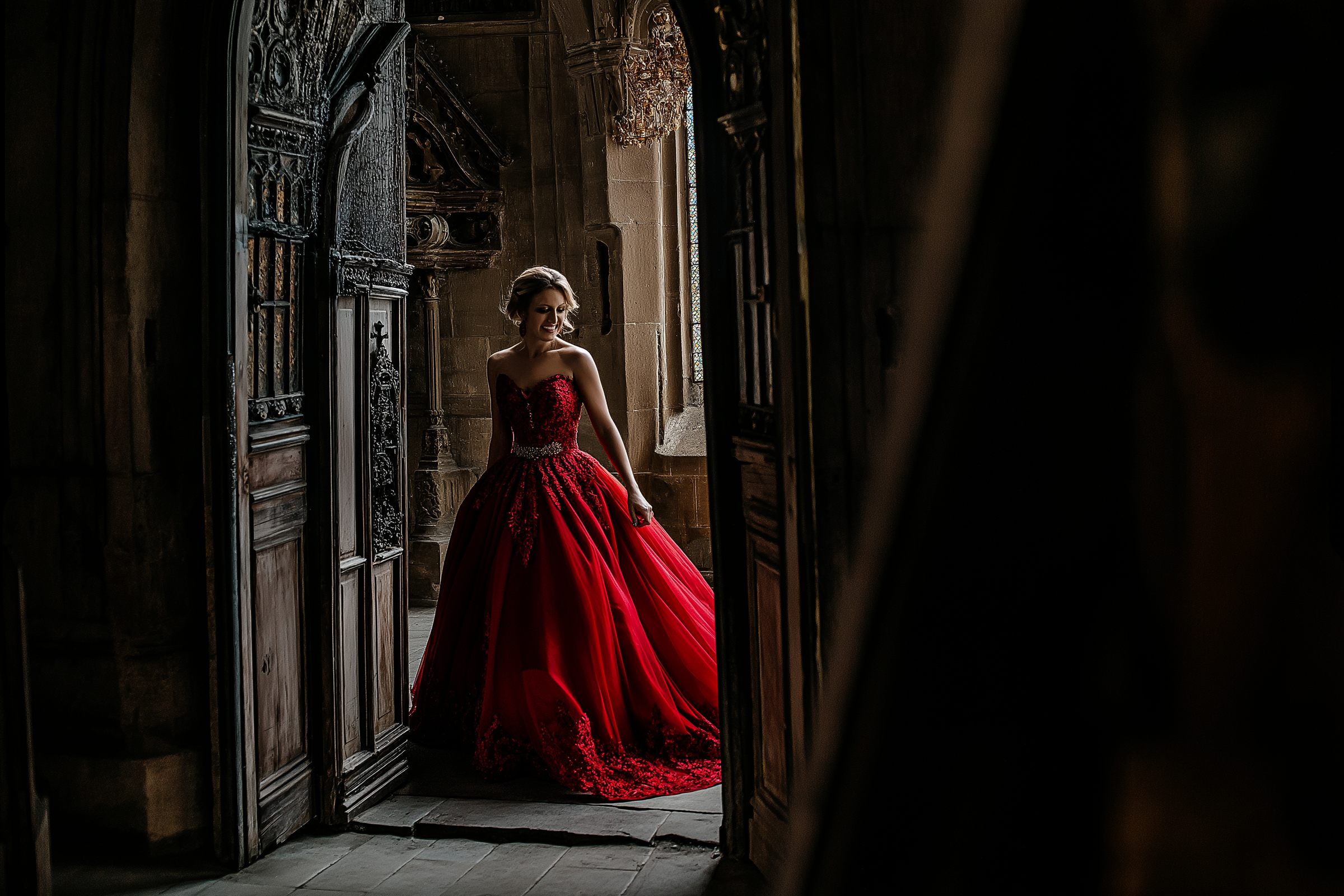 Une femme dans une robe de mariée rouge | Source : Midjourney