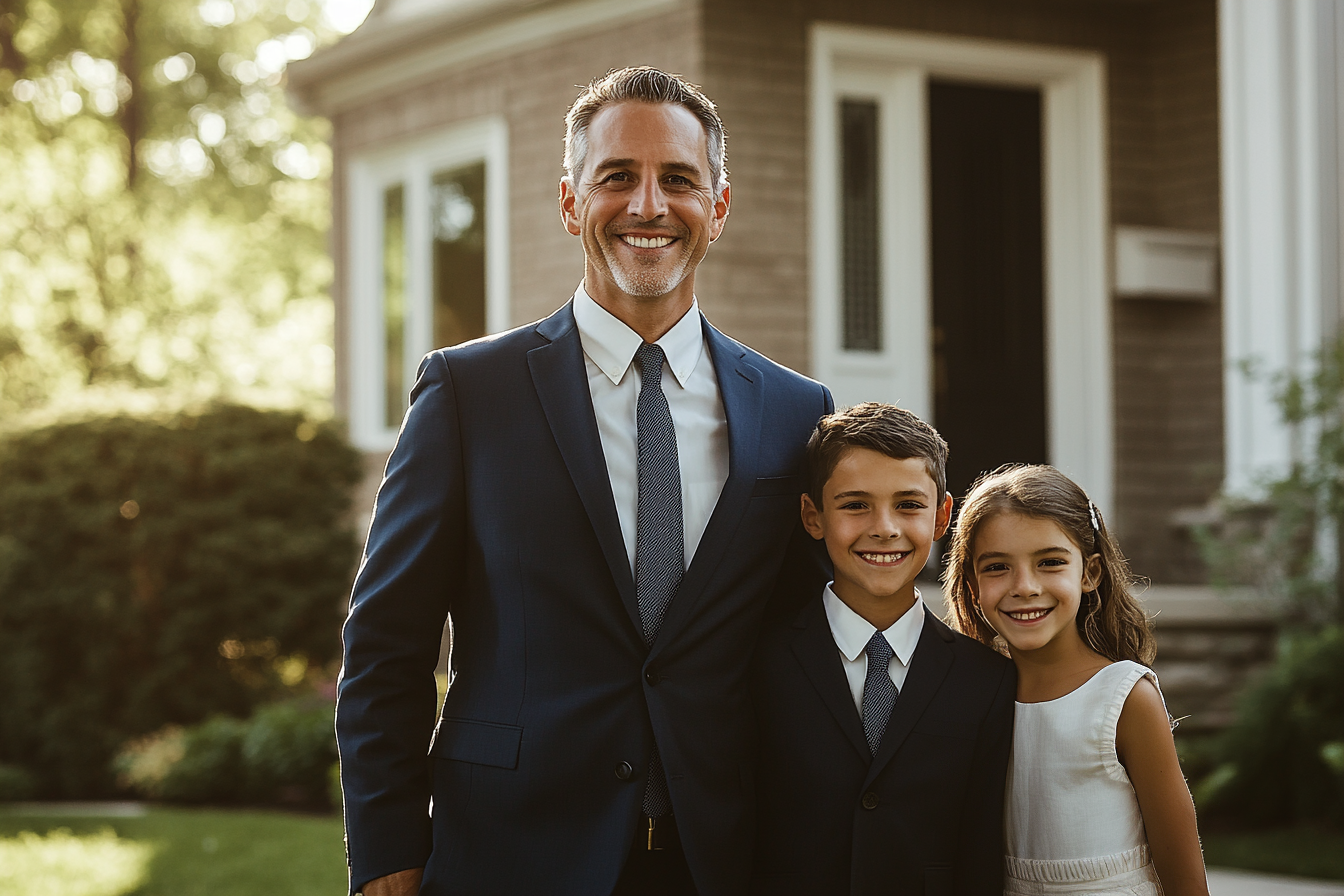 Un homme riche avec ses deux enfants souriant devant une maison | Source : Midjourney