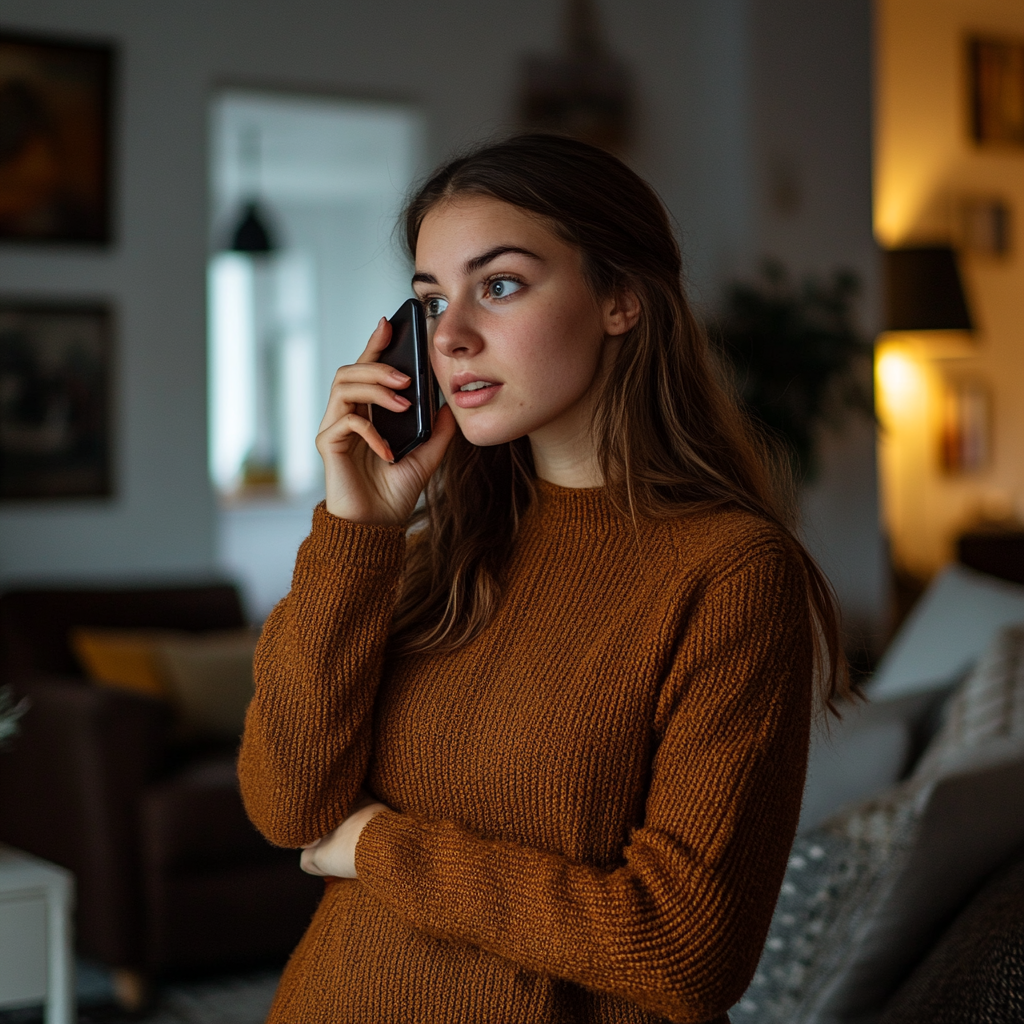 Une femme sérieuse qui parle au téléphone | Source : Midjourney