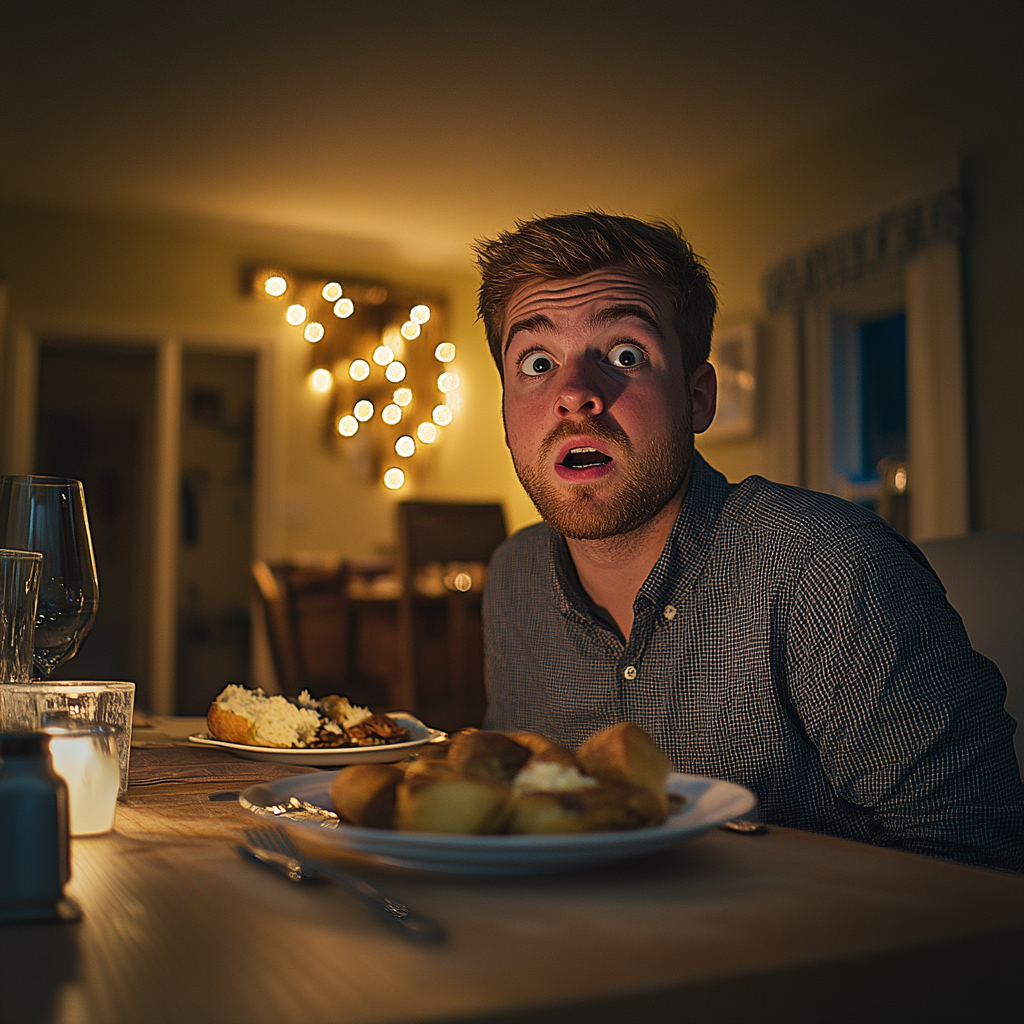 Un homme stupéfait assis à la table du dîner | Source : Midjourney