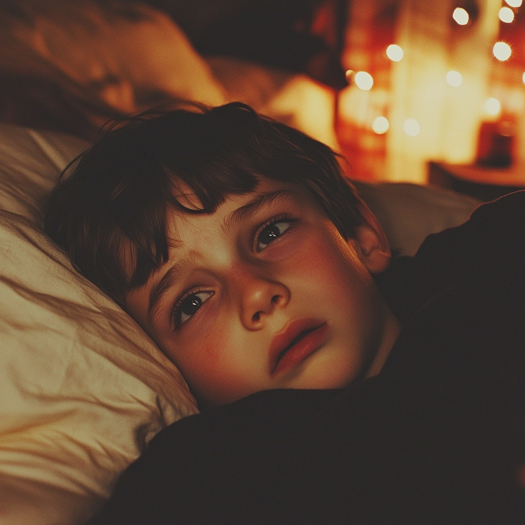 A little boy with tearful eyes in his bed | Source: Midjourney