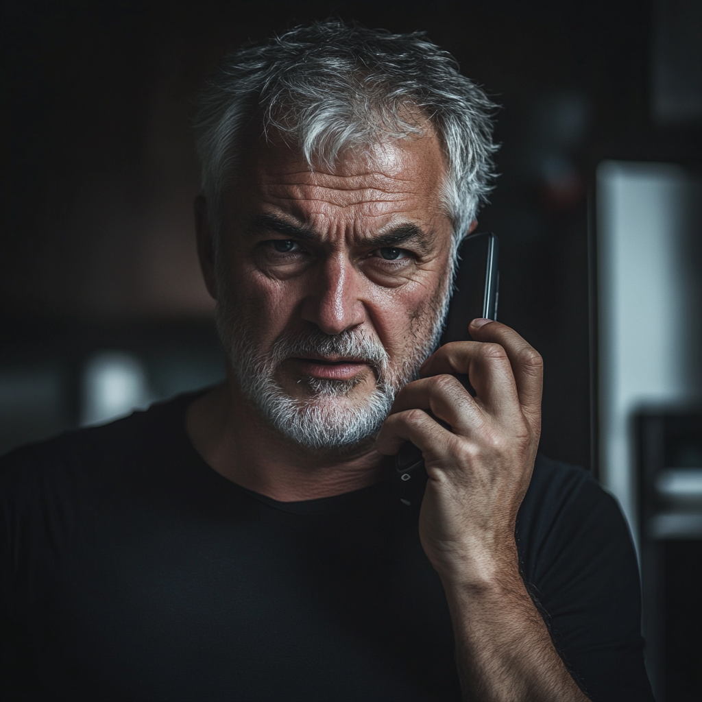 Un homme sérieux qui parle au téléphone | Source : Midjourney