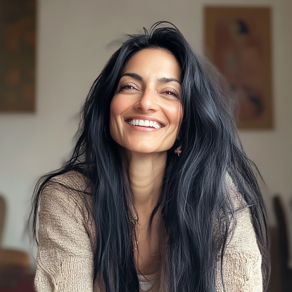 Une thérapeute souriante assise dans son bureau | Source : Midjourney