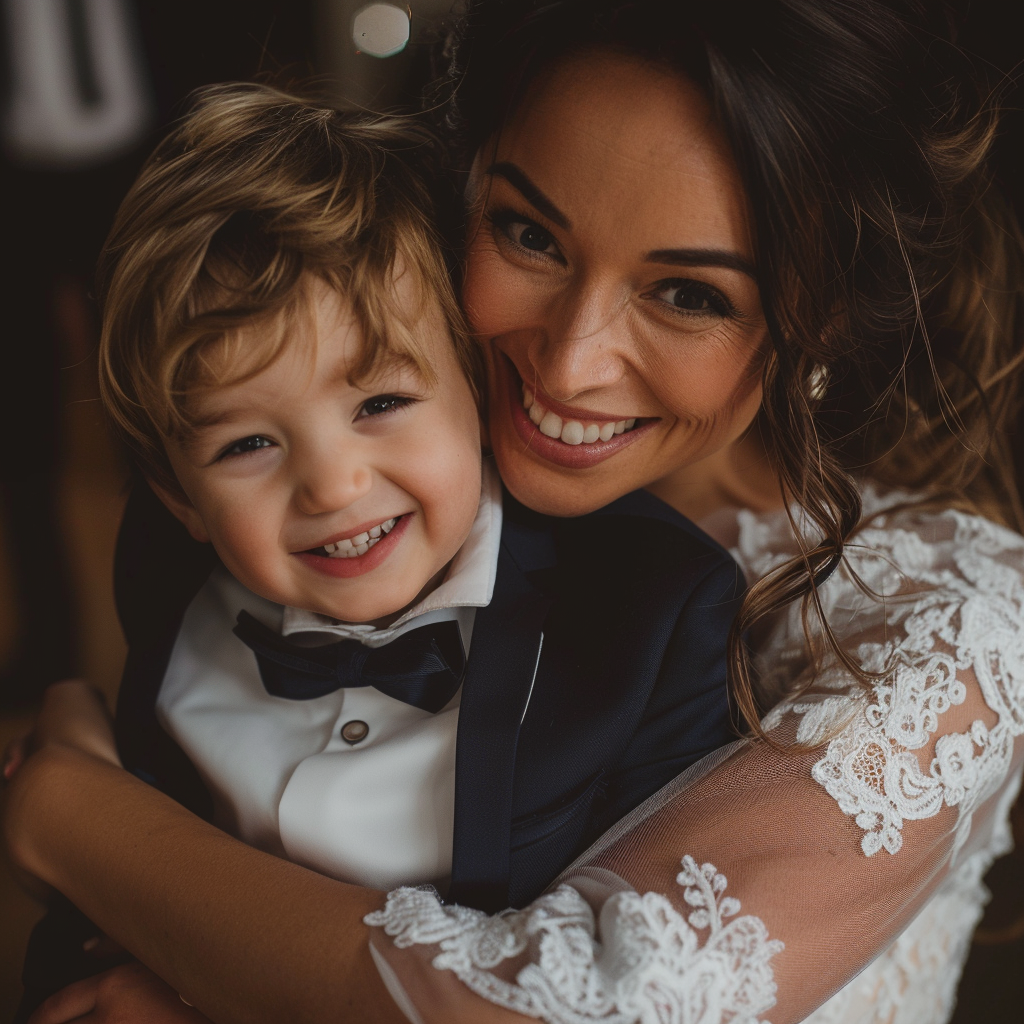 Une mariée heureuse et un petit garçon souriant | Source : Midjourney