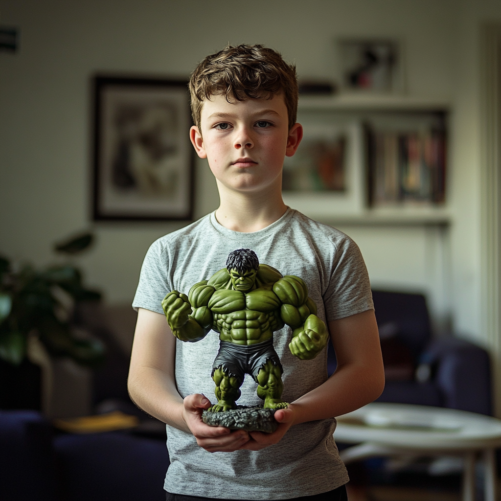 Un garçon tenant une figurine de Hulk | Source : Midjourney