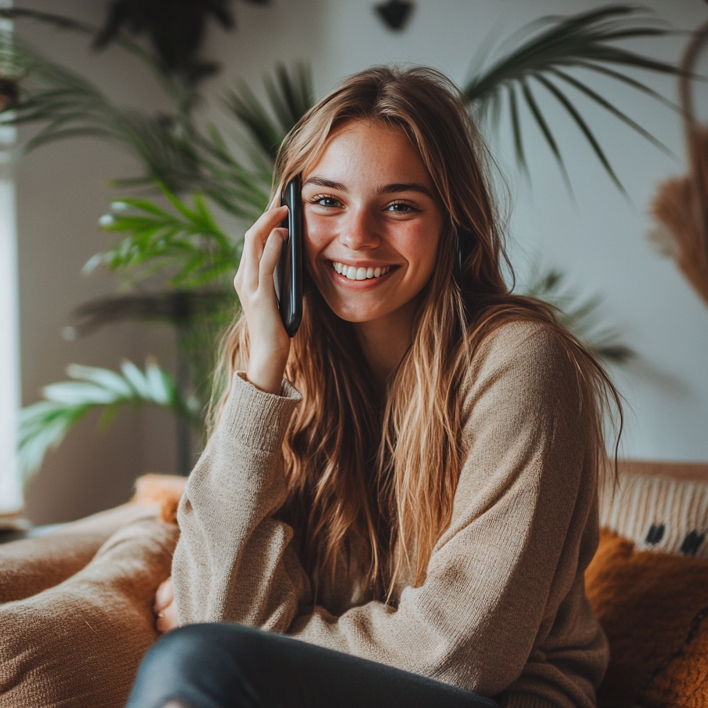 Une jeune femme souriante au téléphone | Source : Midjourney