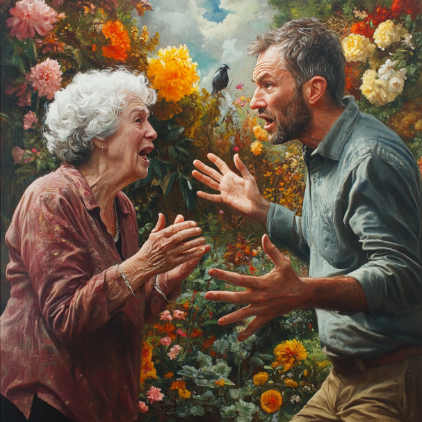 Une grand-mère et un homme se disputant près d'un jardin de fleurs | Source : Midjourney