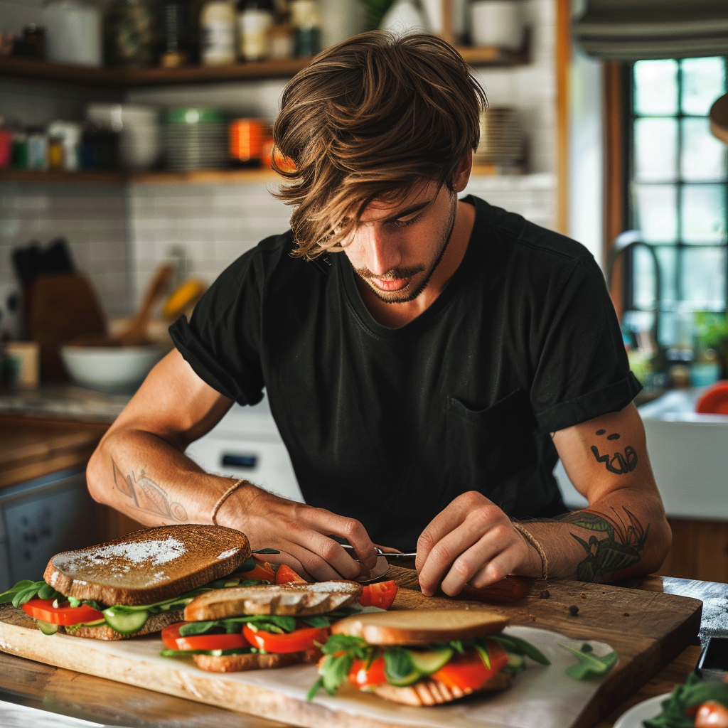 Homme préparant un sandwich à la maison | Source : Midjourney