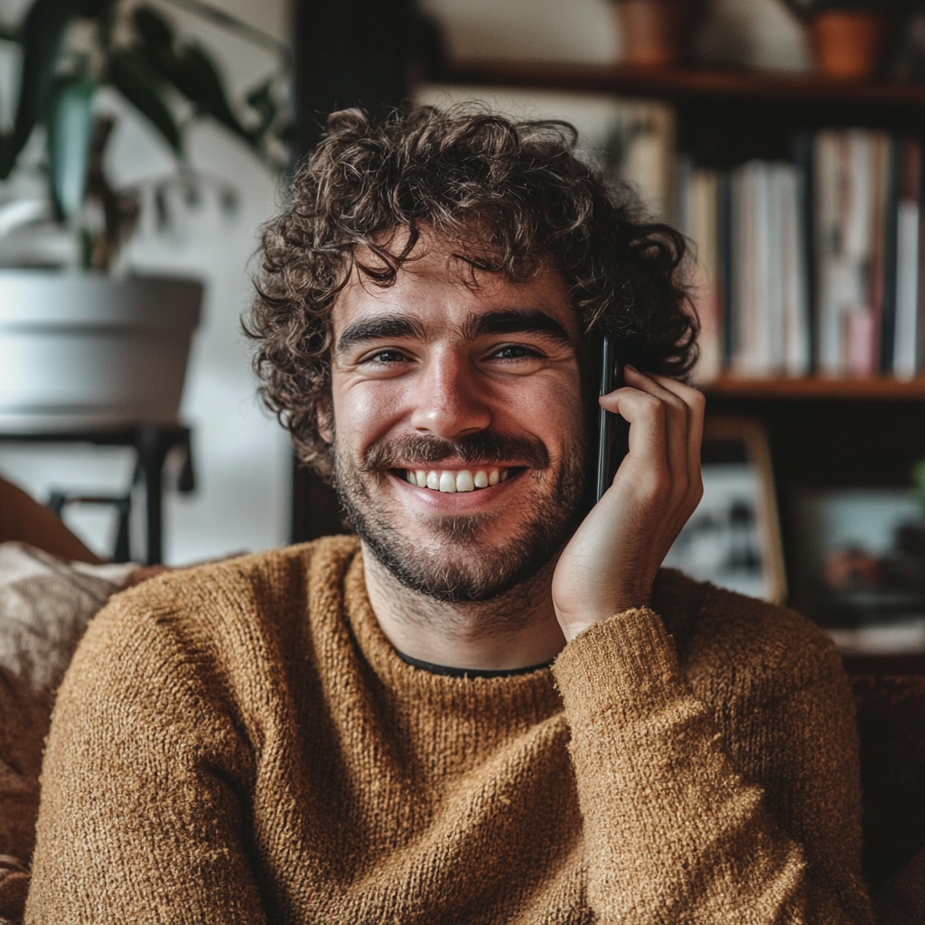 Une photo de face d'un homme rieur qui parle sur son téléphone | Source : Midjourney