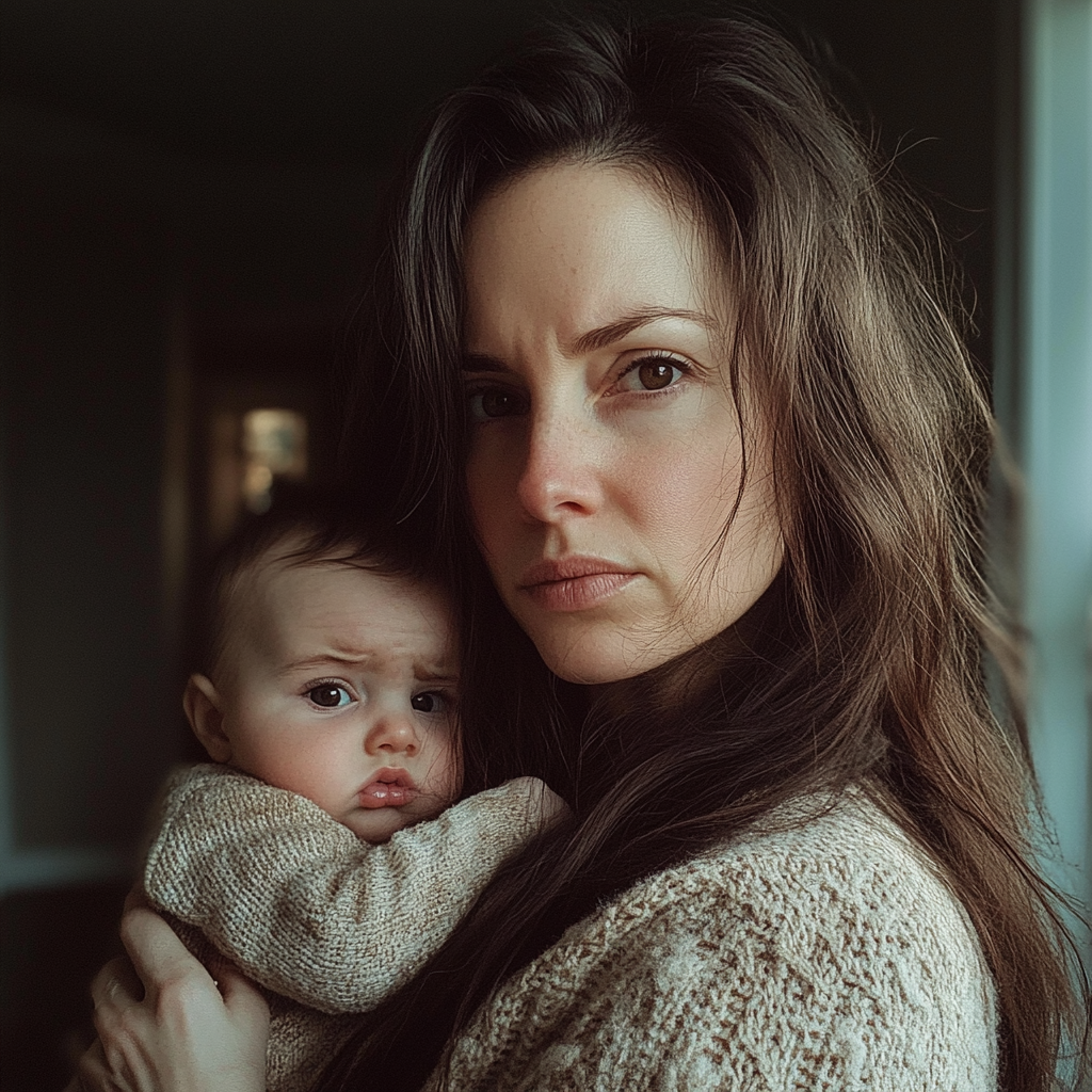 Une femme bouleversée tenant un bébé | Source : Midjourney