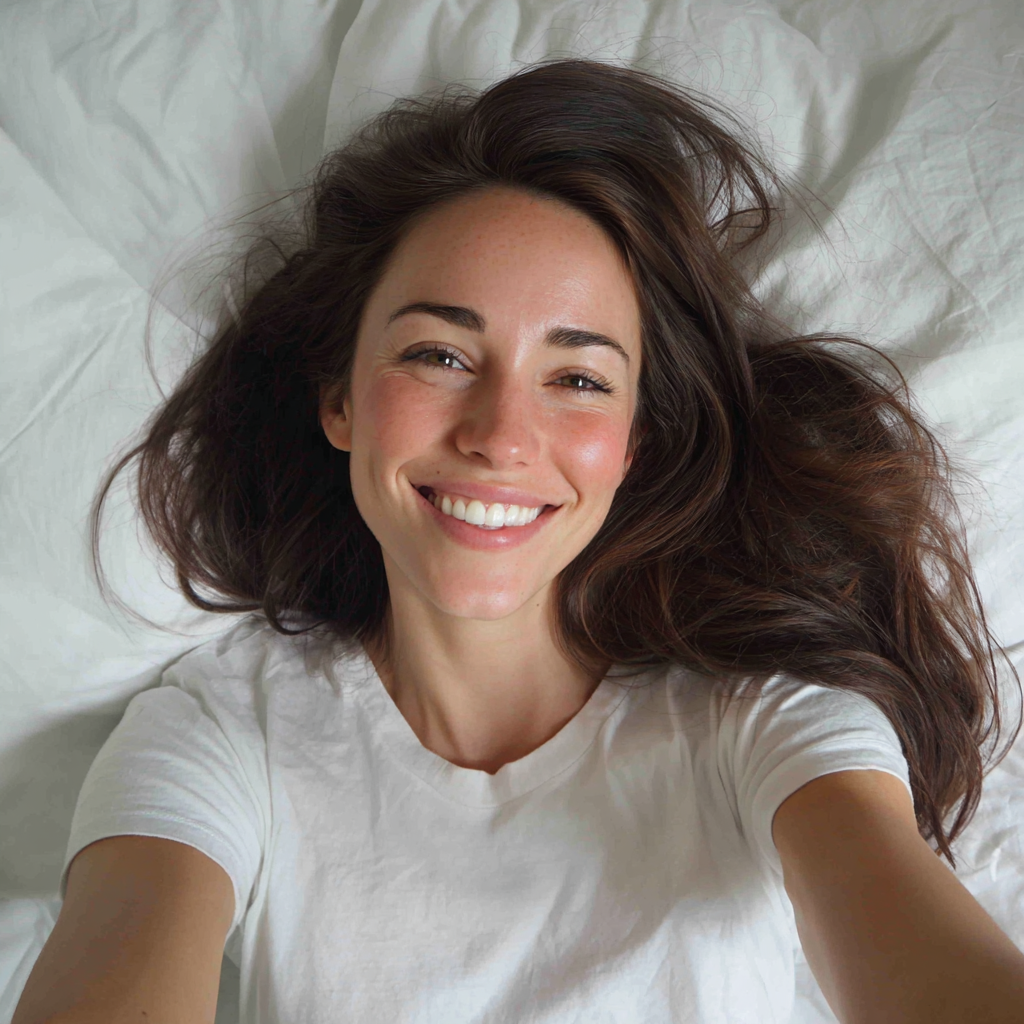 Une femme souriante allongée dans son lit | Source : Midjourney