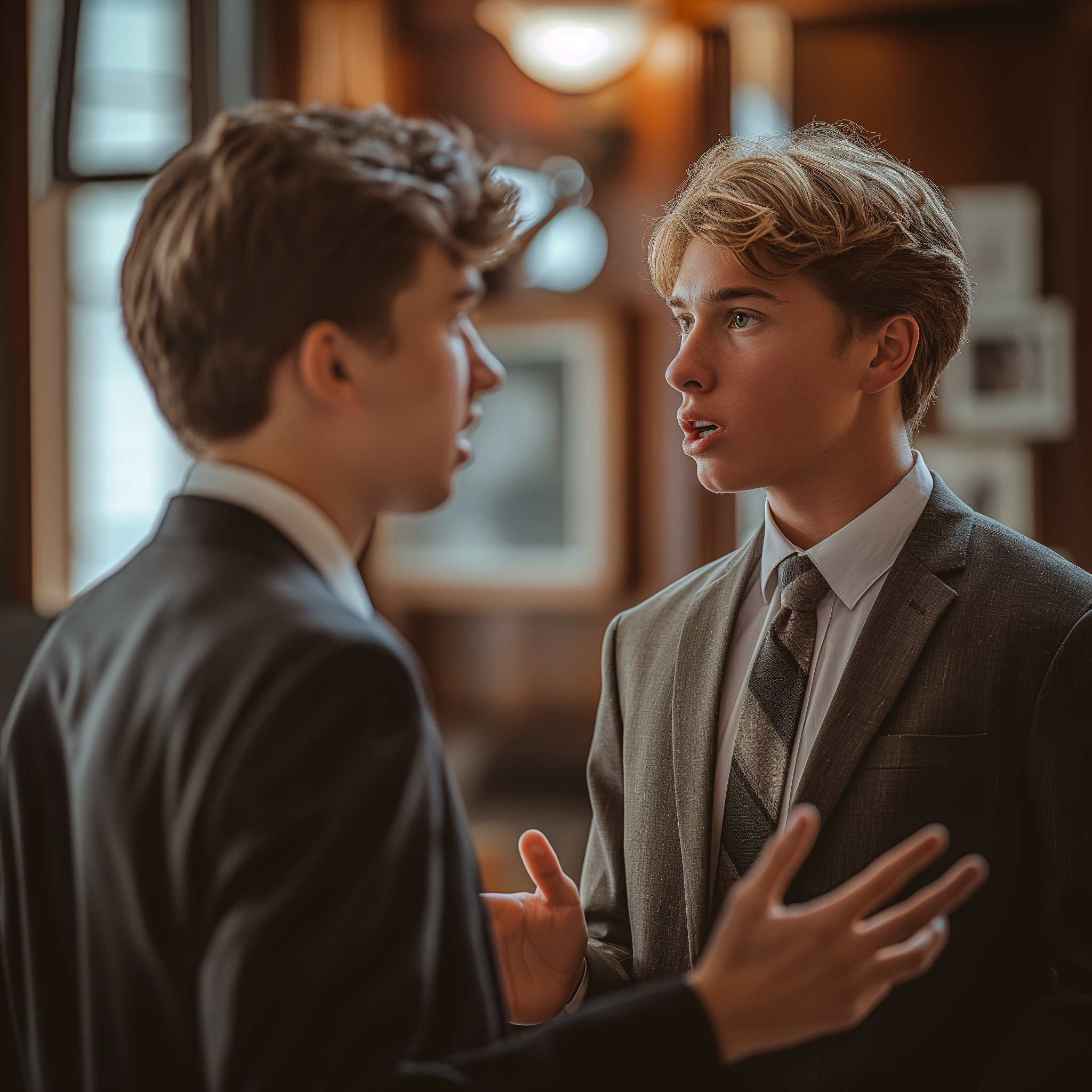 Un jeune homme en costume qui parle à son frère | Source : Midjourney