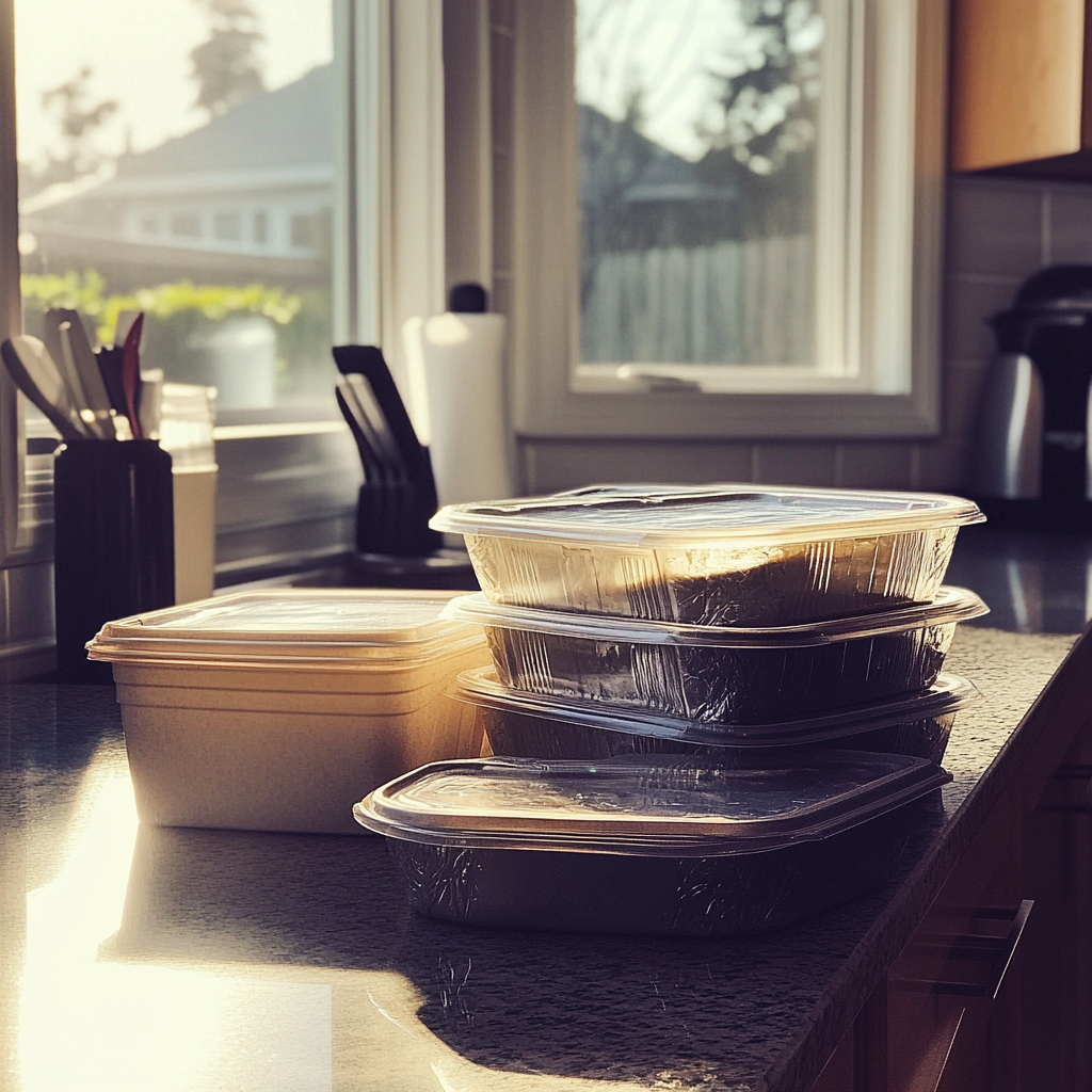 Contenants de plats à emporter sur un comptoir de cuisine | Source : Midjourney
